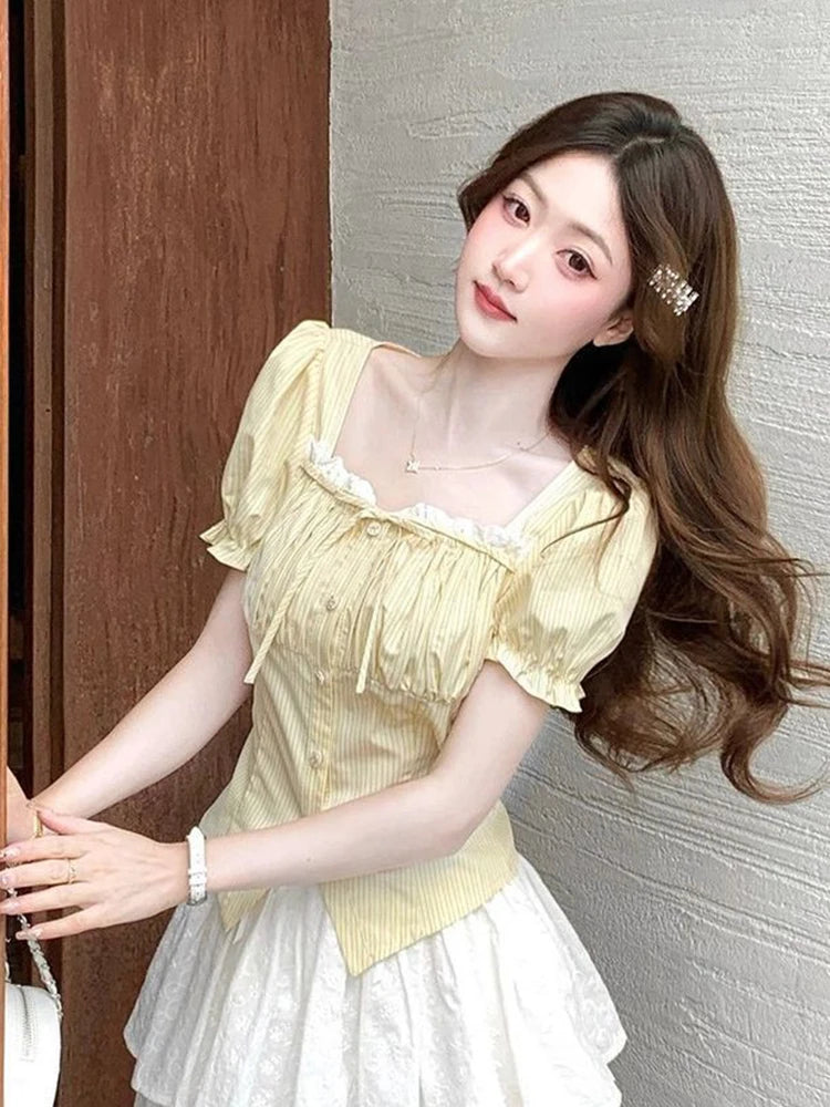 Zoki Sweet Yellow Striped Shirt Women Casual Vintage Square Collar Slim Blouse Korean Preppy Style Puffy Sleeve Elegant Tops New