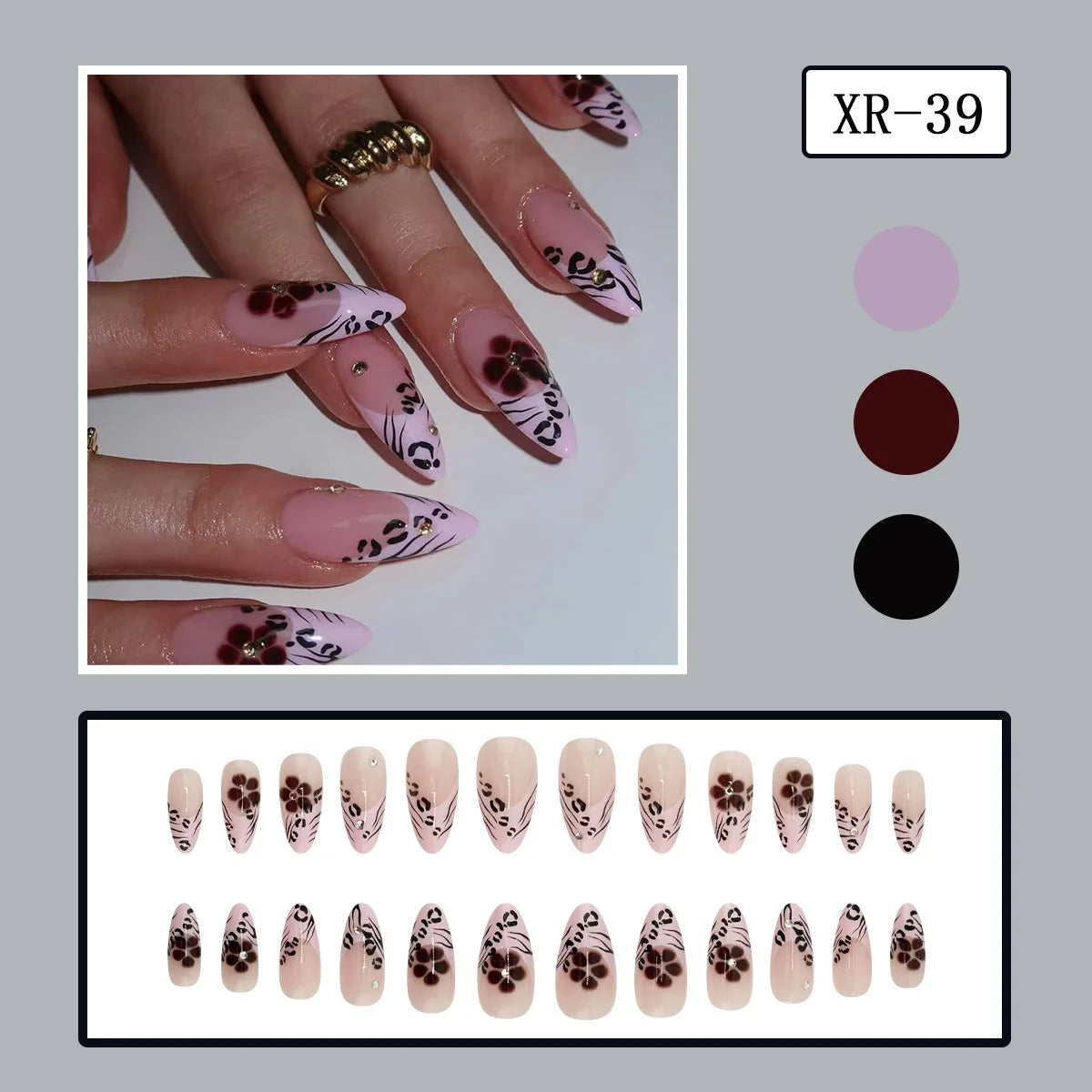 24pcs Pink Leopard Print Fake Nail Tips y2k Spicy Girls French Almond Press on Nail Wearable Detachable Sweet Korean False Nails