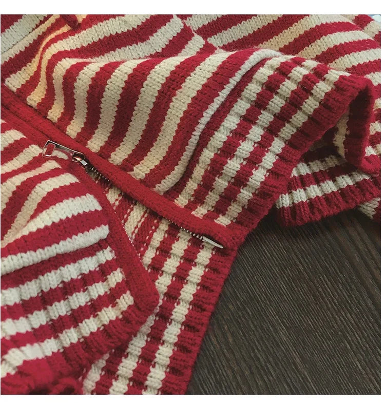 Contrast Color Stripe Hood Knit Cardigan Women Autumn and Winter New Loose Design Sense Long Sleeve Cardigan Sweater Outerwear