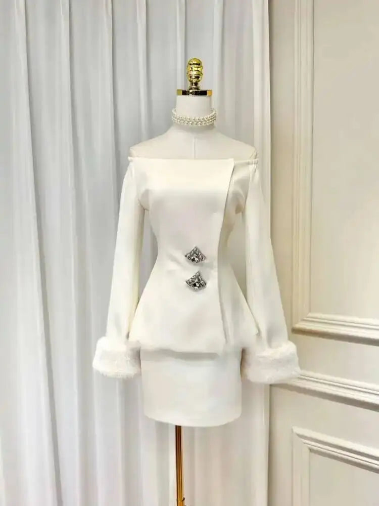 2 Pcs Set Off Shoulder Removable Shawl Diamond Button Top Hip Wrap Skirt