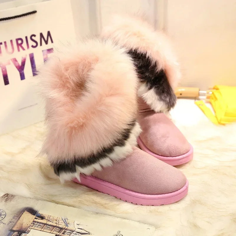 Mid-Calf Fox Fur Snow Boots