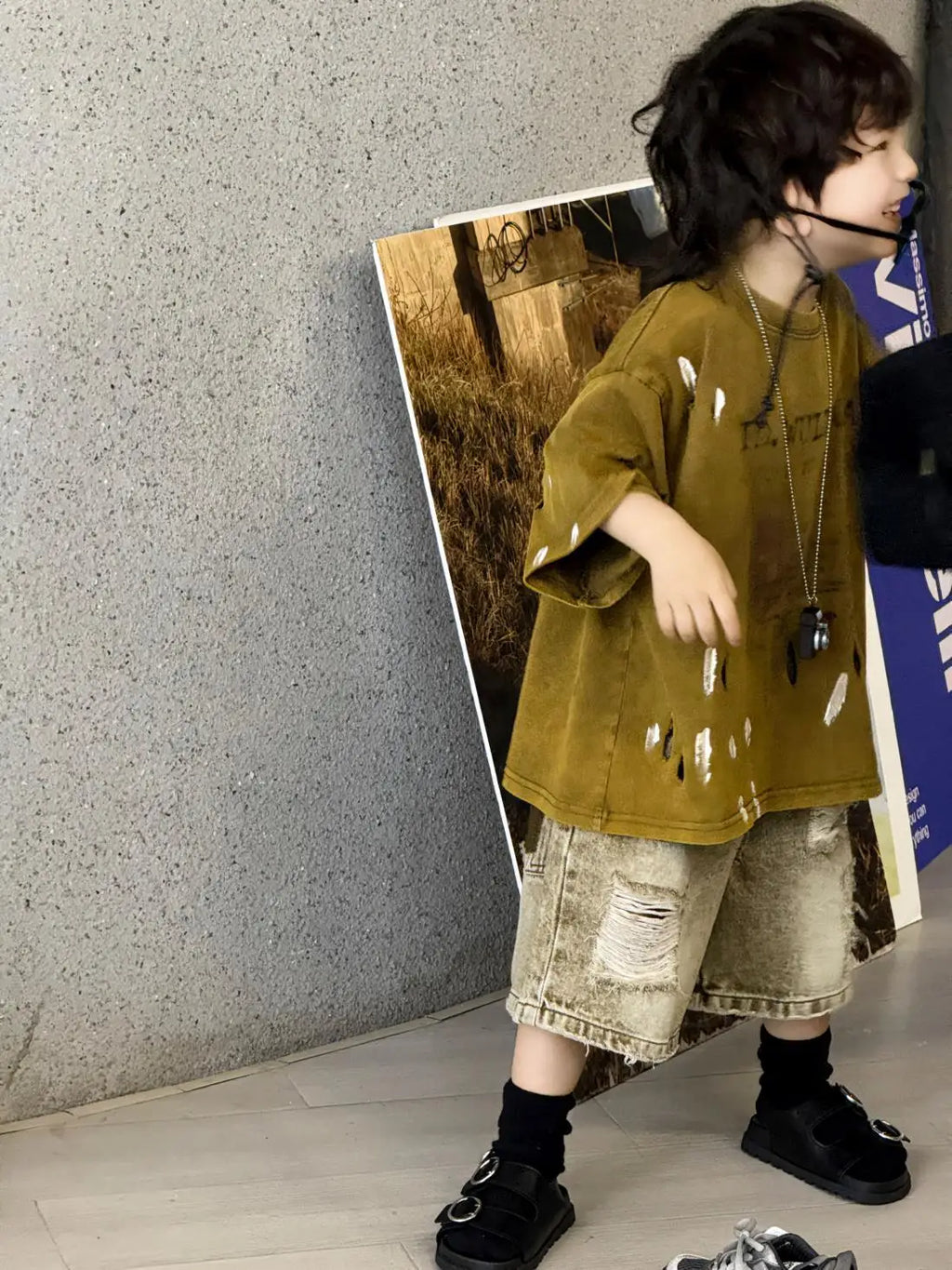 100-150cm Boys' clothing set summer new style children's ripped denim shorts tie dye short sleeved T-shirt 2-piece set