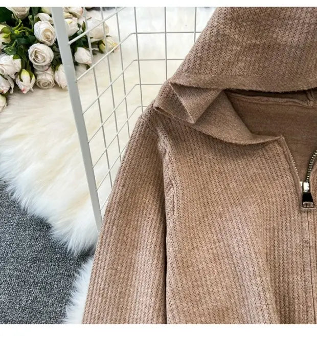 Zipper Hooded Slim Fit Knitted Sweatshirt Set