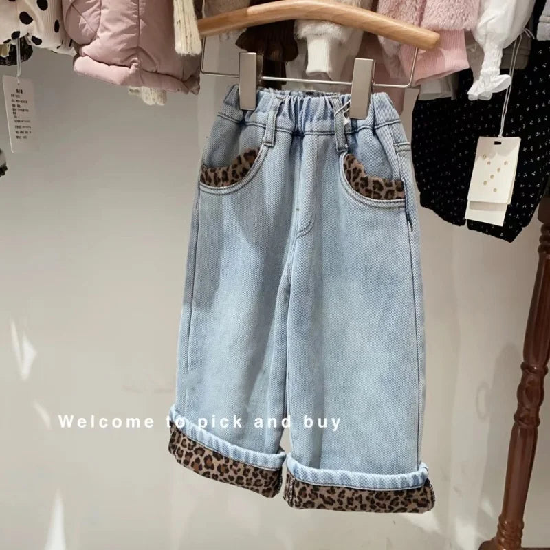 Girls Leopard Print Jeans Winter New Item Thickened one-piece Fleece Warm Straight Leg Pants For Girls Baby Winter Clothes Pants