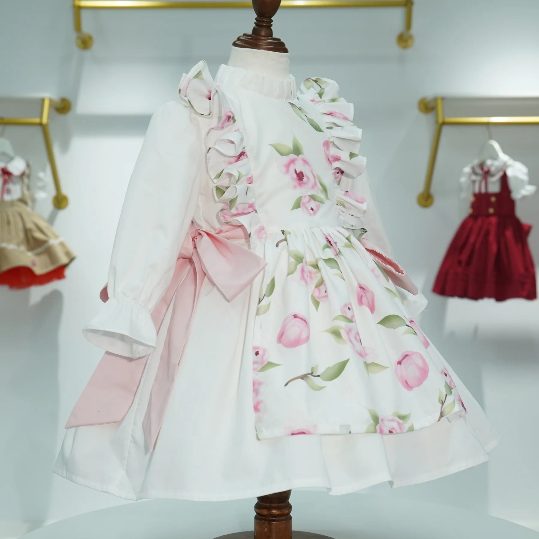 Baby Girl Autumn Floral Printed Turkish Vintage Princess Ball Gown White Dress for Birthday Holiday Photography  C25