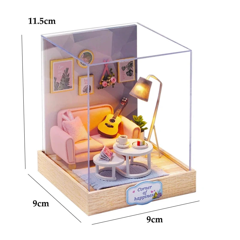 Wooden Miniature Doll House DIY Handmade Assembly Model Building Kit With Dust Cover