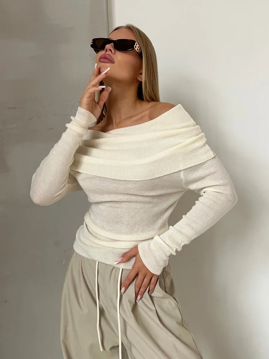 Women Knitted Wool T-shirt Slim Fit Long Sleeve Autumn Winter Chic Off Shoulder Basic Sweater Streetwear Pullovers