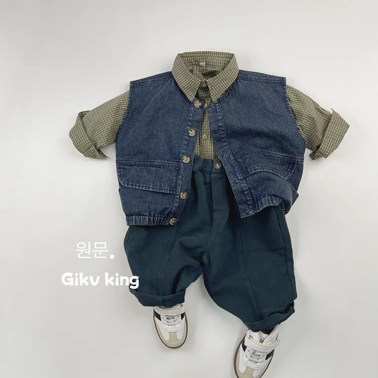 2025 Spring New Children Long Sleeve Lapel Plaid Shirts Infant Boys Vintage Casual Coat Toddler Girls Pocket Tops Kids Clothes