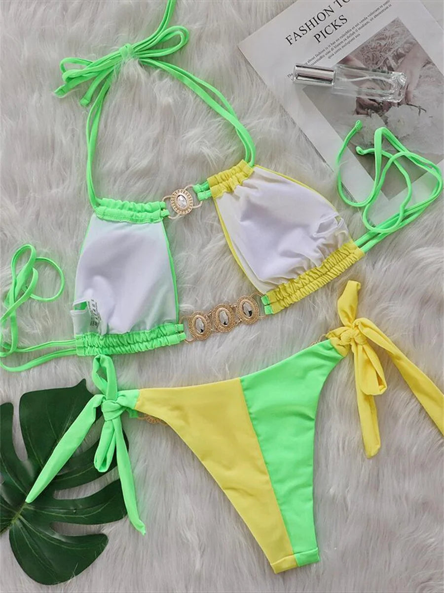 Rhinestones Splicing Bikini Set
