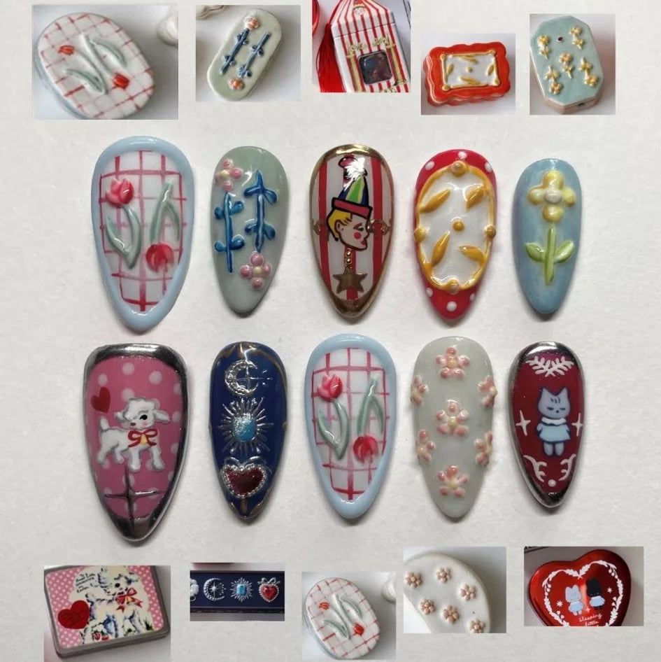 24pcs Vintage Country Style False Nails Cute Cartoon Little Lamb Rabbit Rose Printed Press On Nails Wave Point Bows Fake Nail