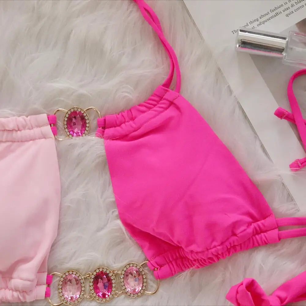 Rhinestones Splicing Bikini Set