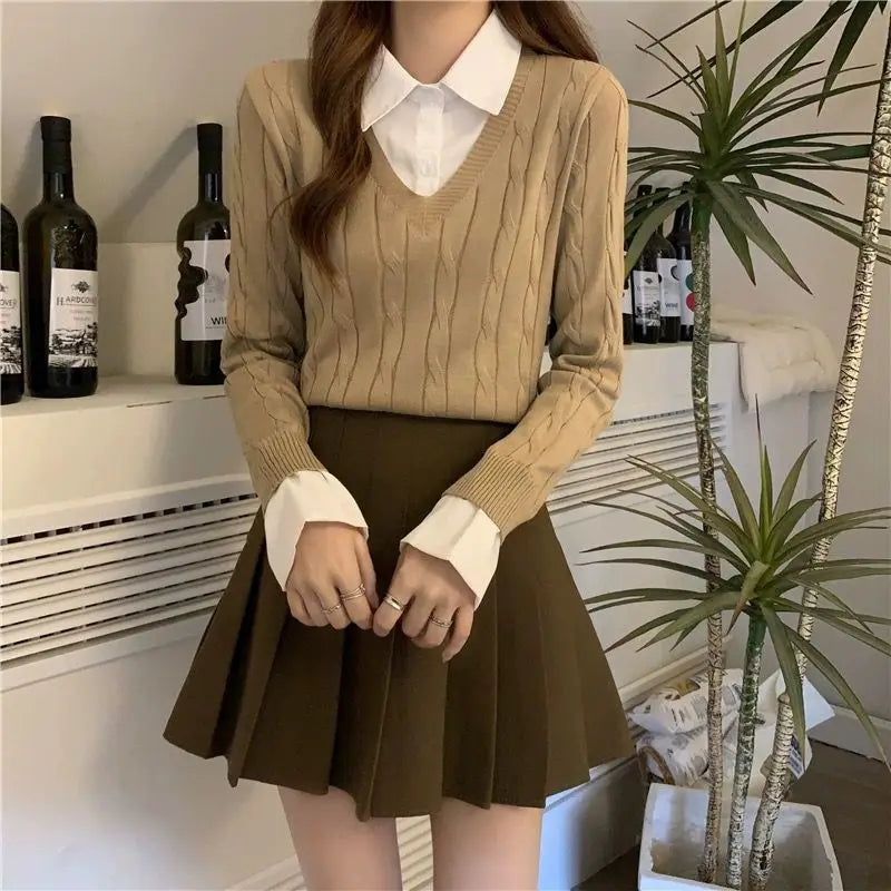 Fake Two Shirts, Knitted Sweater Women's Autumn/winter New Item Shirt Collar Niche Sweater Long Sleeved Top Inner Layer as Base