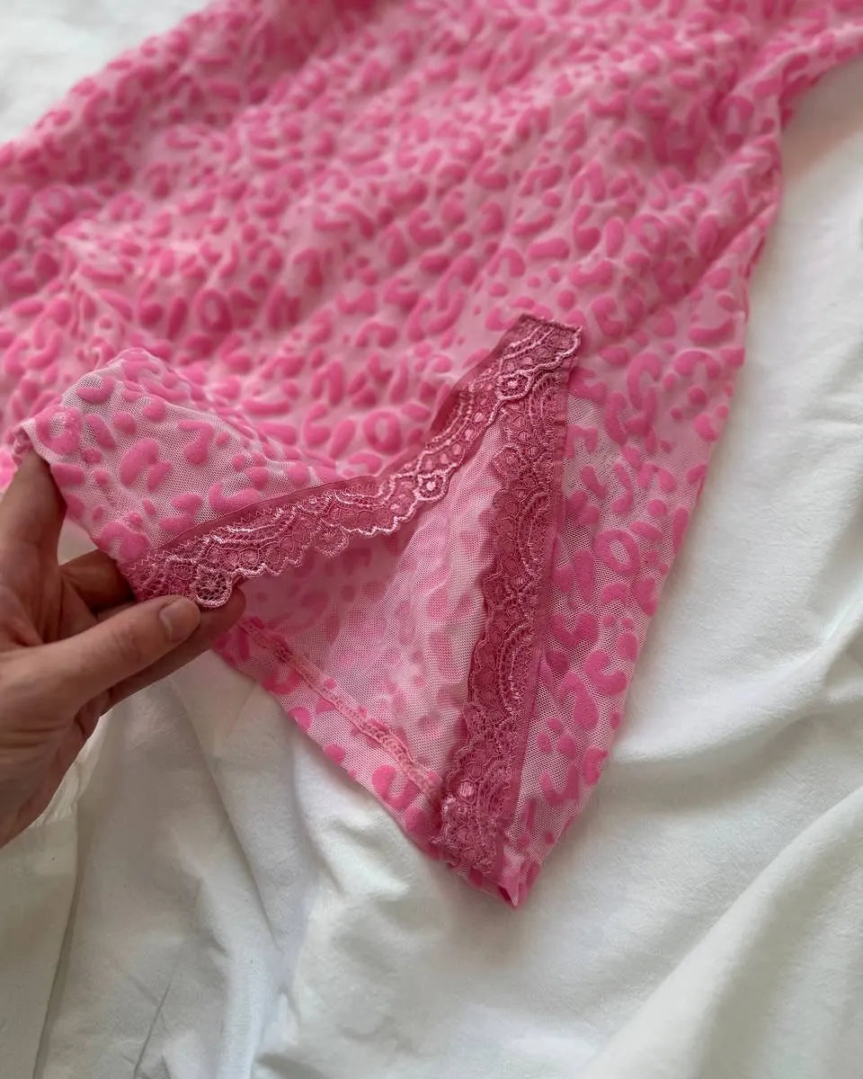 Leopard Print V Neck Lace Split Slip