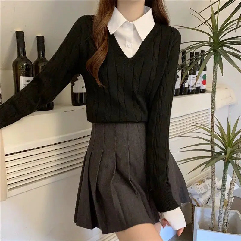 Fake Two Shirts, Knitted Sweater Women's Autumn/winter New Item Shirt Collar Niche Sweater Long Sleeved Top Inner Layer as Base