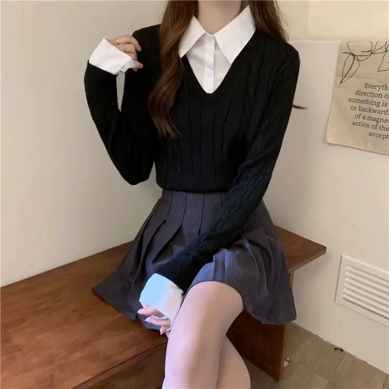 Fake Two Shirts, Knitted Sweater Women's Autumn/winter New Item Shirt Collar Niche Sweater Long Sleeved Top Inner Layer as Base