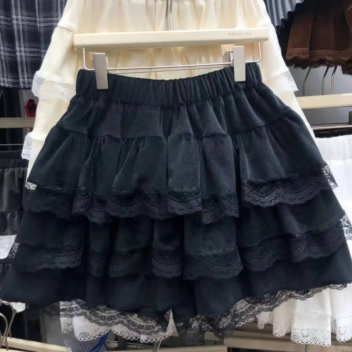 Denim Pleated Skirt Lace Fold Design A-line Short Skirt Built in Shorts