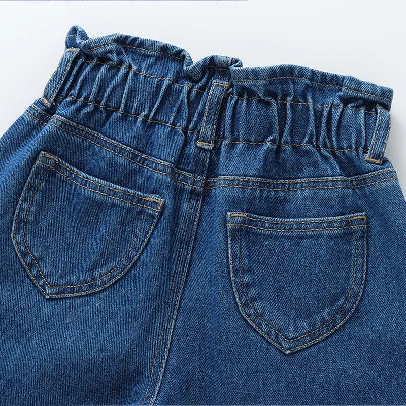 New Kid's Jeans Girls Cute Solid Color Denim Blue Pants Children High Waist Loose Trousers 1-5T