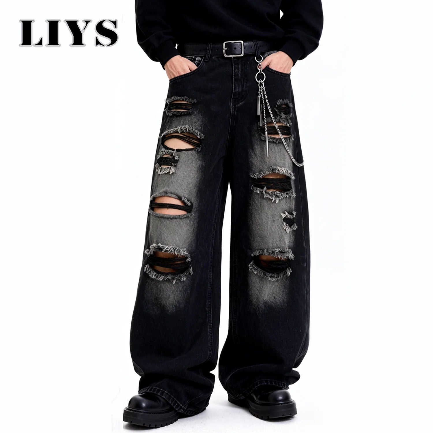 Retro Black Baggy Wide Leg Ripped Jeans