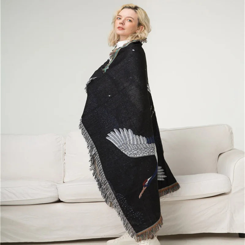 Textile City Ins Red Crowned Crane Retro Throw Blanket Ukiyo-e Auspicious Clouds Decro Tapestry Heavy Quality Backrest Towel