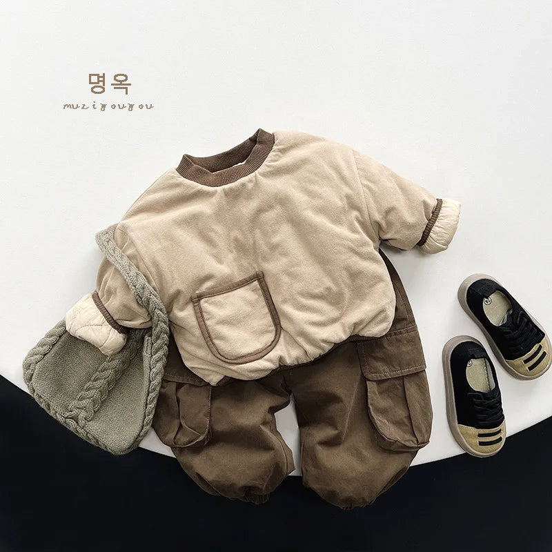 Winter New Children Loose Trousers Plus Velvet Thicken Baby Boy Girls Solid Casual Pants Fashion Kids Fleece Warm Cargo Pants
