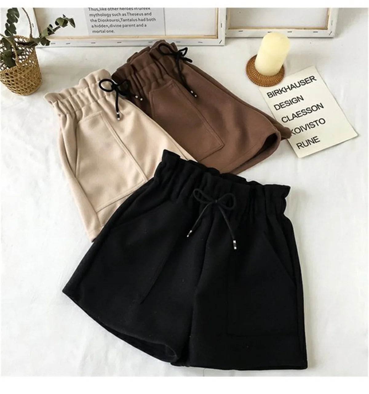 Retro High Waist Woolen Shorts