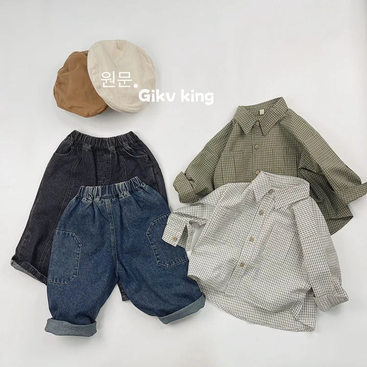2025 Spring New Children Long Sleeve Lapel Plaid Shirts Infant Boys Vintage Casual Coat Toddler Girls Pocket Tops Kids Clothes
