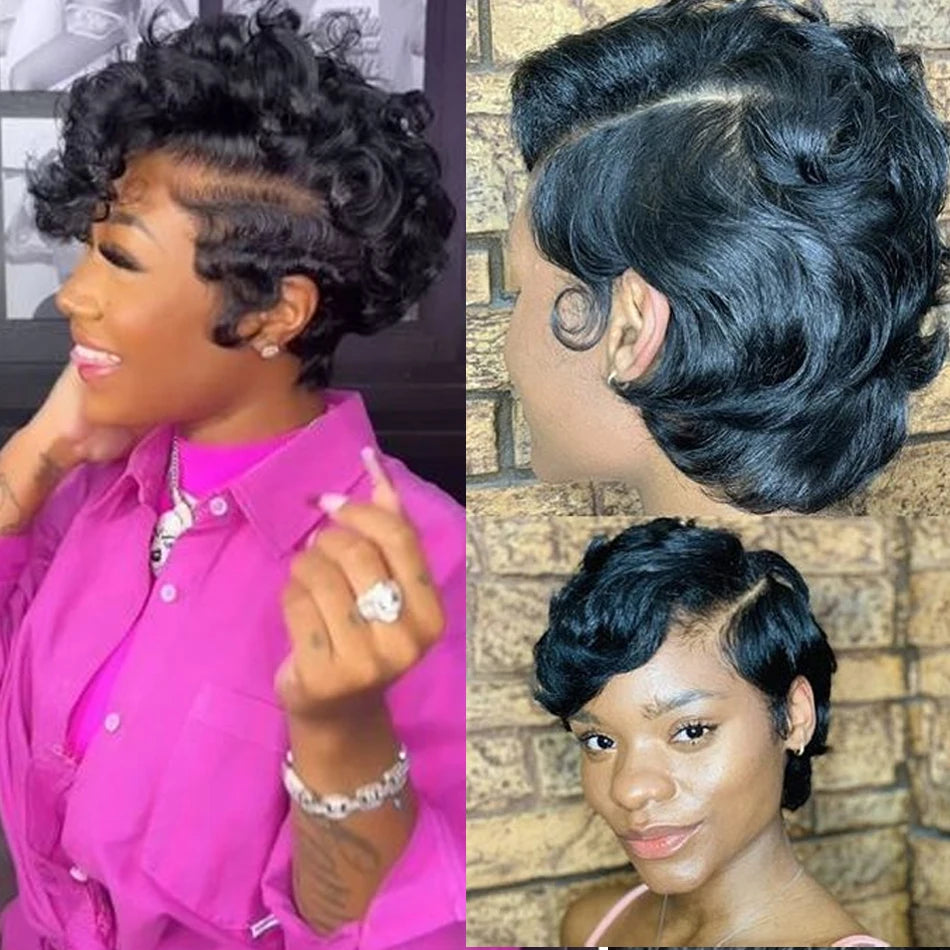 Short Curly Pixie Cut Wig Human Hair for Women Black Layered 13x4x1 T-Part Lace Front Short Human Hair Pixie Cut Glueless Wig