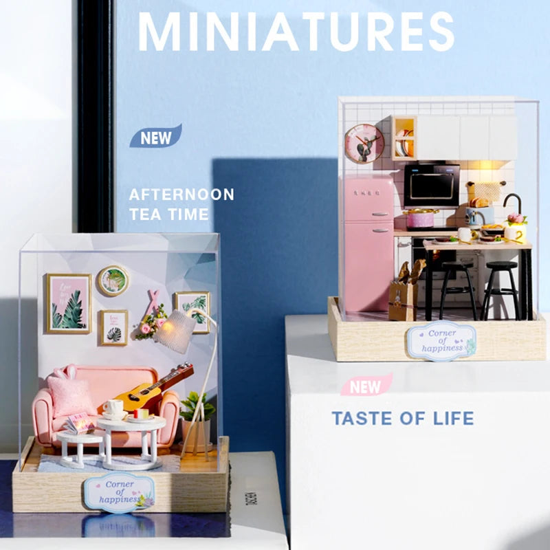 Wooden Miniature Doll House DIY Handmade Assembly Model Building Kit With Dust Cover