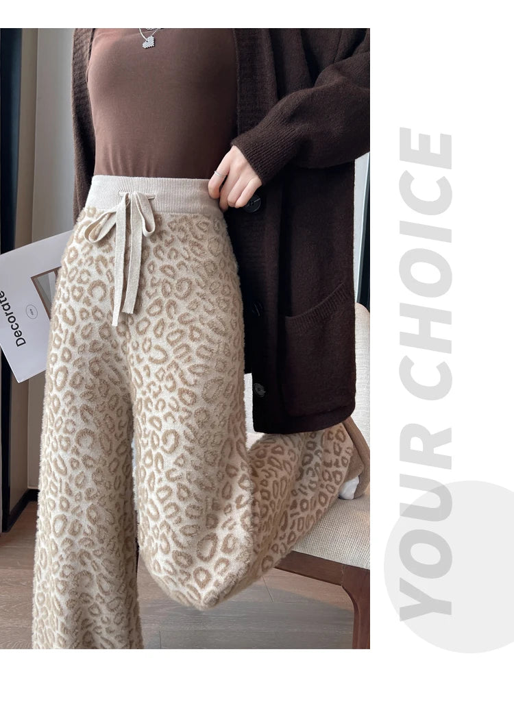 Leopard Print Contrast Color Basic Full Length Wide Leg Pants