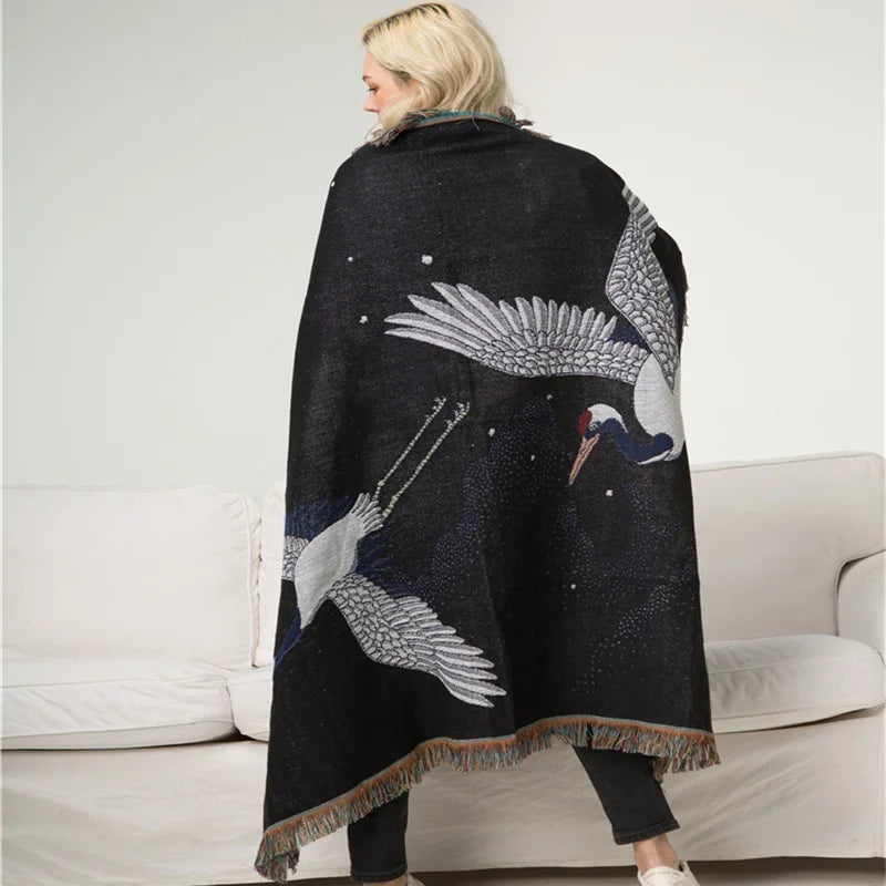 Textile City Ins Red Crowned Crane Retro Throw Blanket Ukiyo-e Auspicious Clouds Decro Tapestry Heavy Quality Backrest Towel