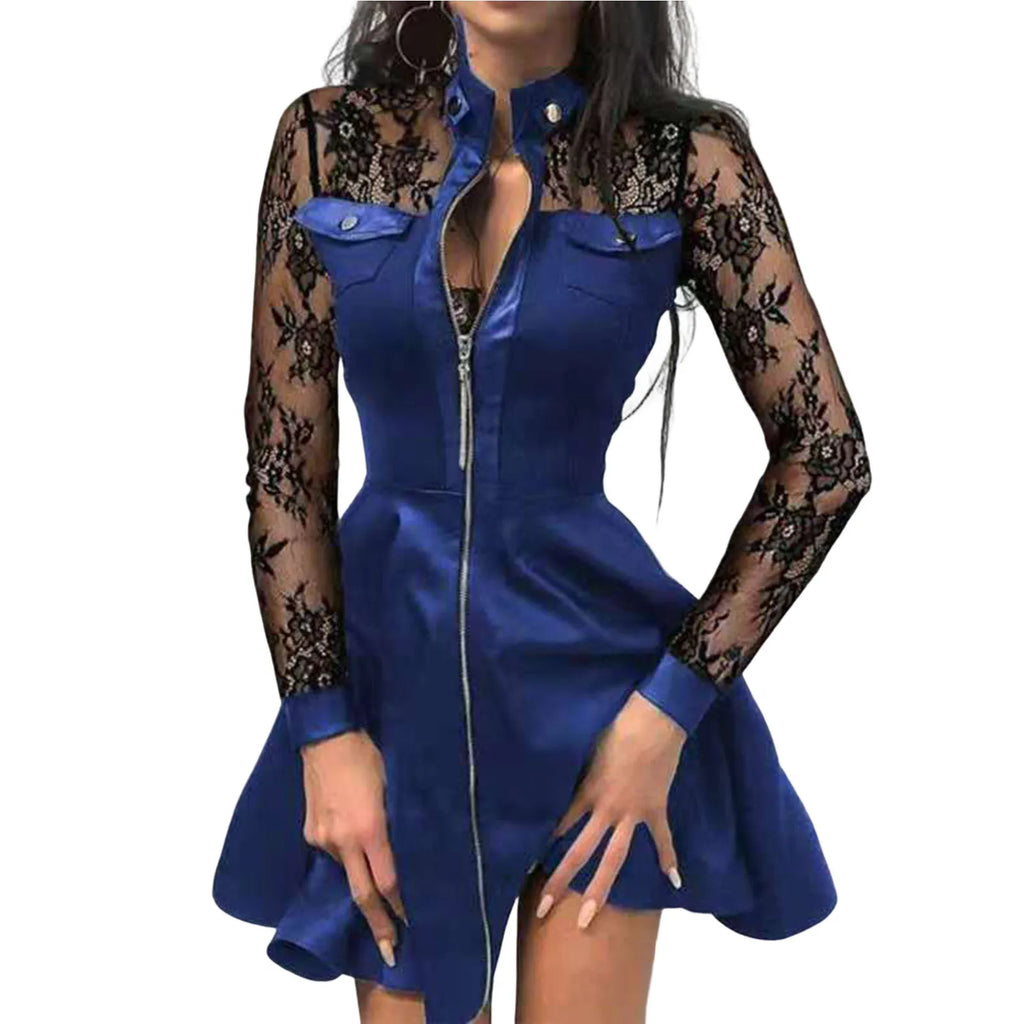 Long Sleeve Zipper Pocket Large Hem Faux Leather Lace Mini Dress