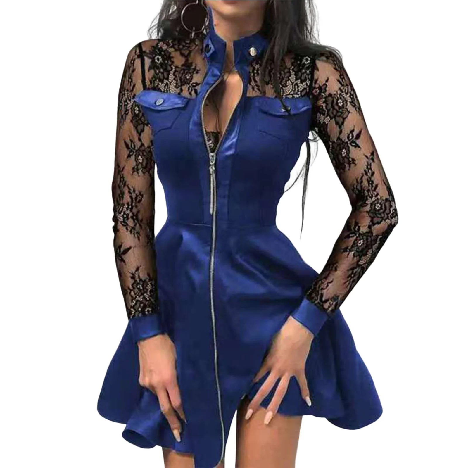 Long Sleeve Zipper Pocket Large Hem Faux Leather Lace Mini Dress