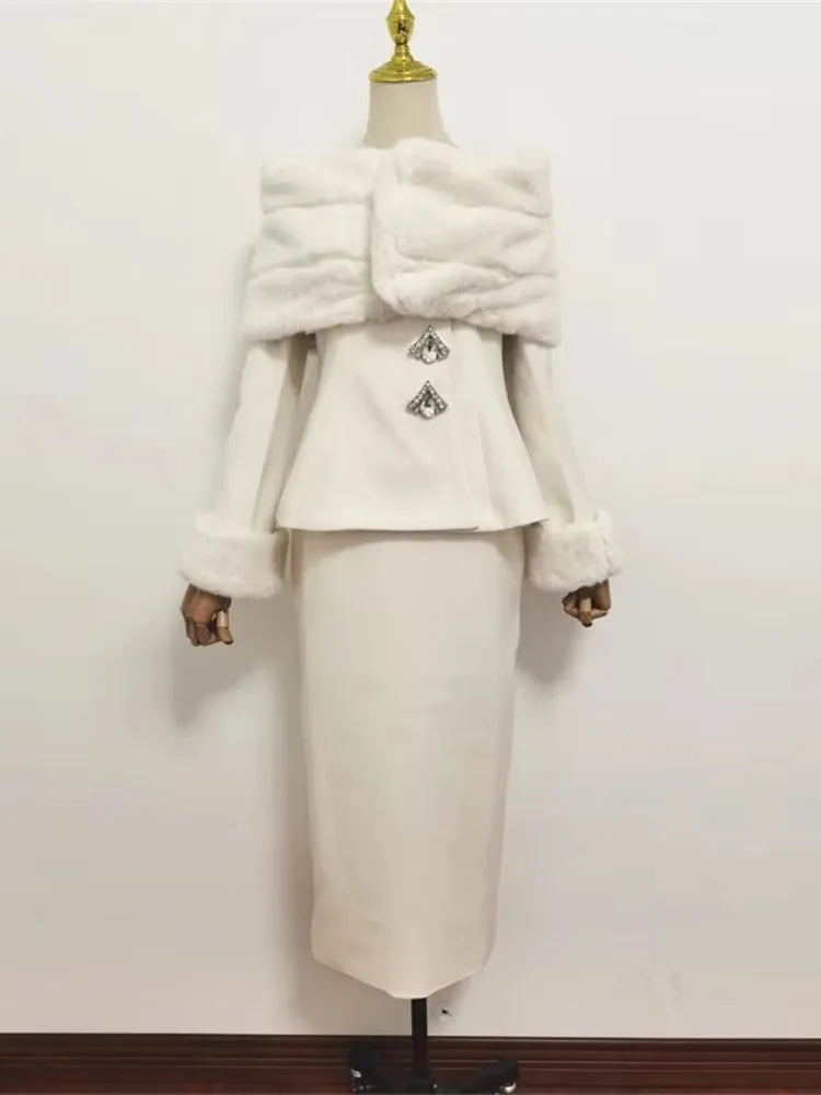 2 Pcs Set Off Shoulder Removable Shawl Diamond Button Top Hip Wrap Skirt