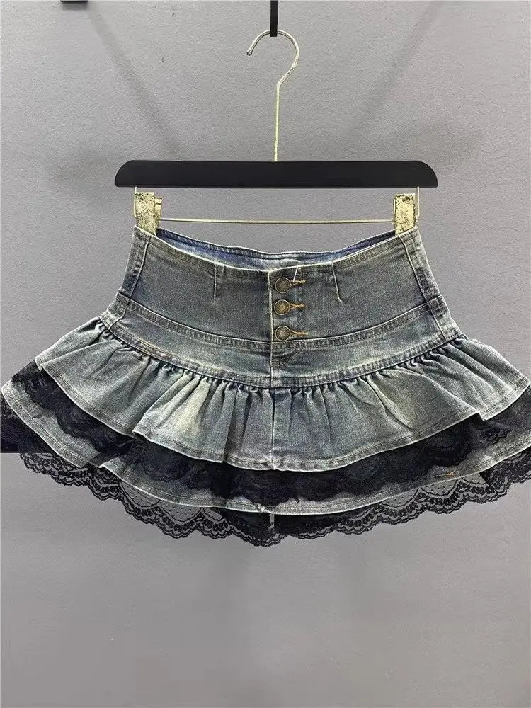 Denim Pleated Skirt Lace Fold Design A-line Short Skirt Built in Shorts