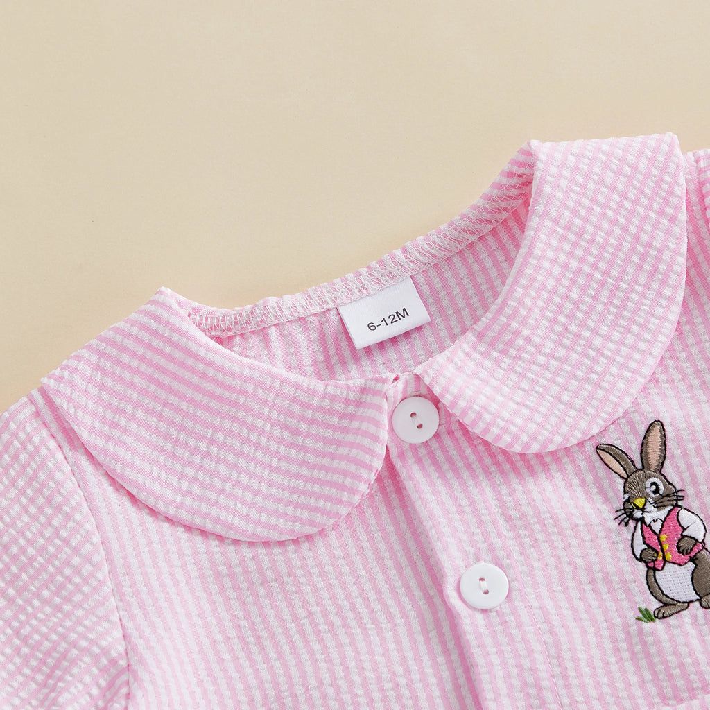 Citgeett Summer Easter Kids Toddler Baby Boys Girls Pajamas Set Bunny Embroidered Striped Button Short Sleeve Top Shorts Clothes