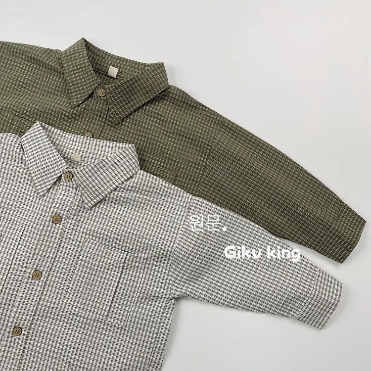 2025 Spring New Children Long Sleeve Lapel Plaid Shirts Infant Boys Vintage Casual Coat Toddler Girls Pocket Tops Kids Clothes