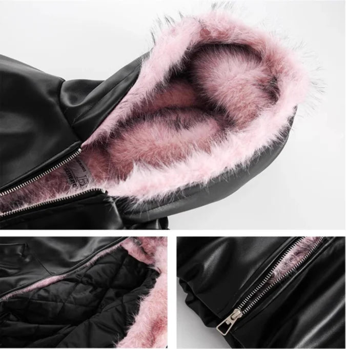Faux Fur Solid Leather Jacket
