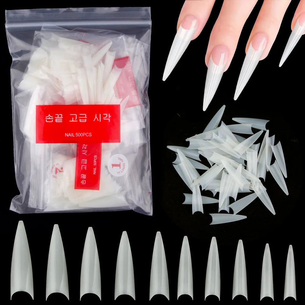 1Bag(600Pcs)Natural Stiletto Practice Nail Tips 10Size Half Cover Fake Acrylic Tip UV Gel Extension Press On Nails Manicure Tool