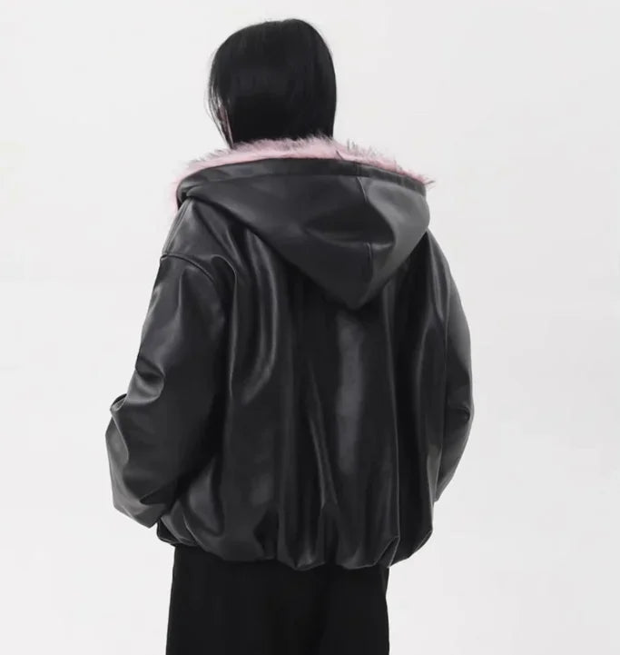 Faux Fur Solid Leather Jacket