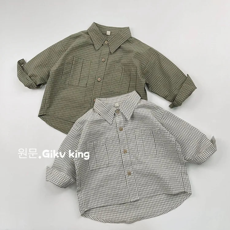 2025 Spring New Children Long Sleeve Lapel Plaid Shirts Infant Boys Vintage Casual Coat Toddler Girls Pocket Tops Kids Clothes