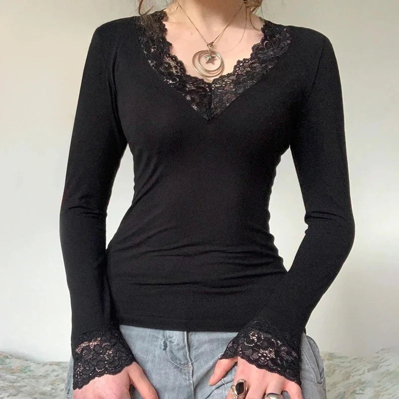 Lace Patchwork Black Skinny Elegant T-Shirt