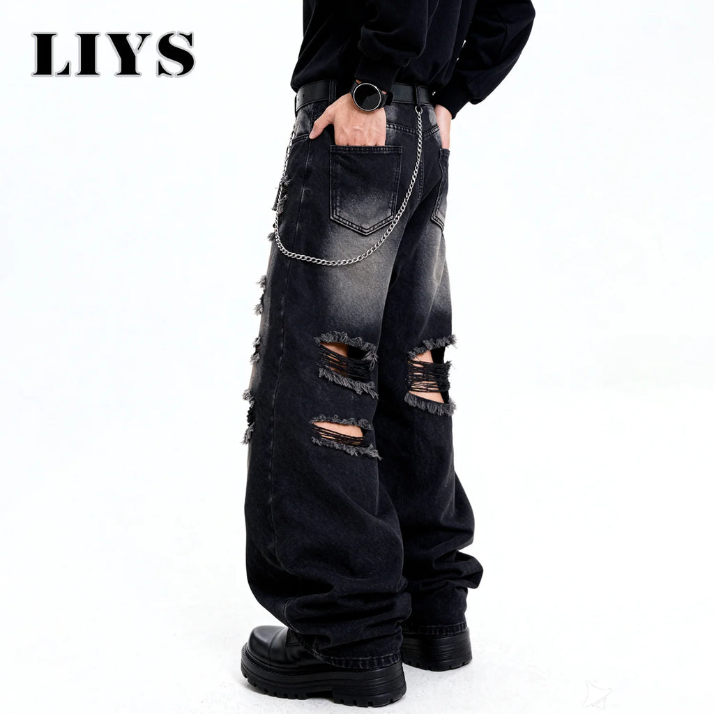 Retro Black Baggy Wide Leg Ripped Jeans