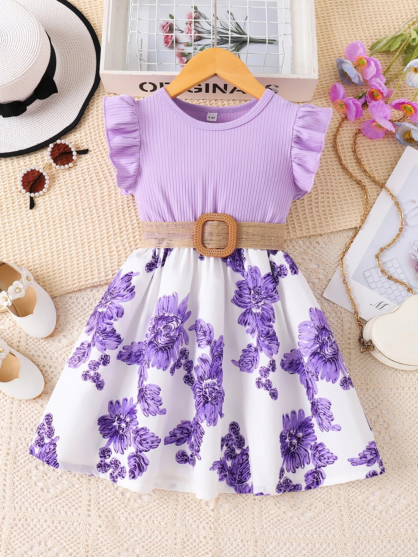 Purple White Patchwork Floral Ruffle Sleeve Dress