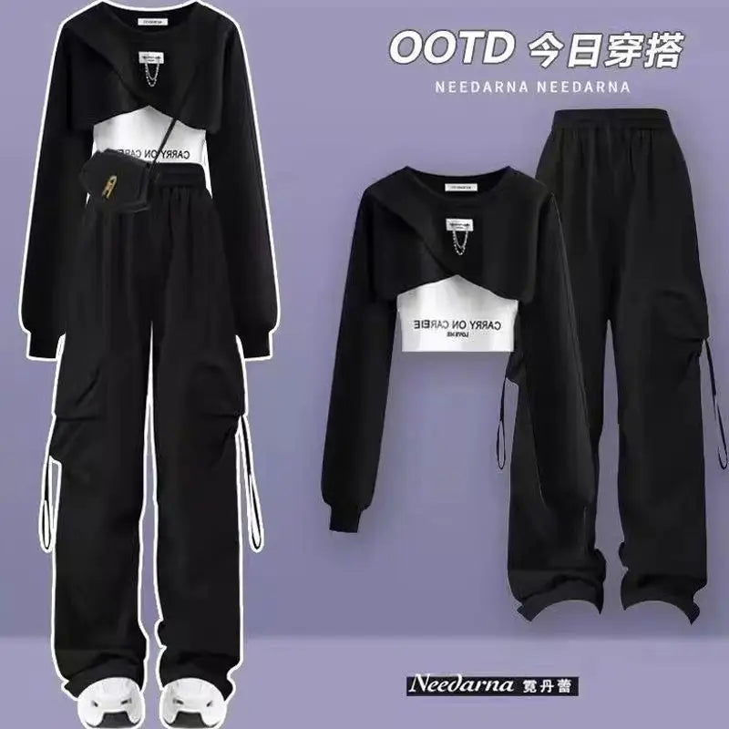 Loose Design Casual Top + Suspender + Wide Leg Pants Three Piece Set