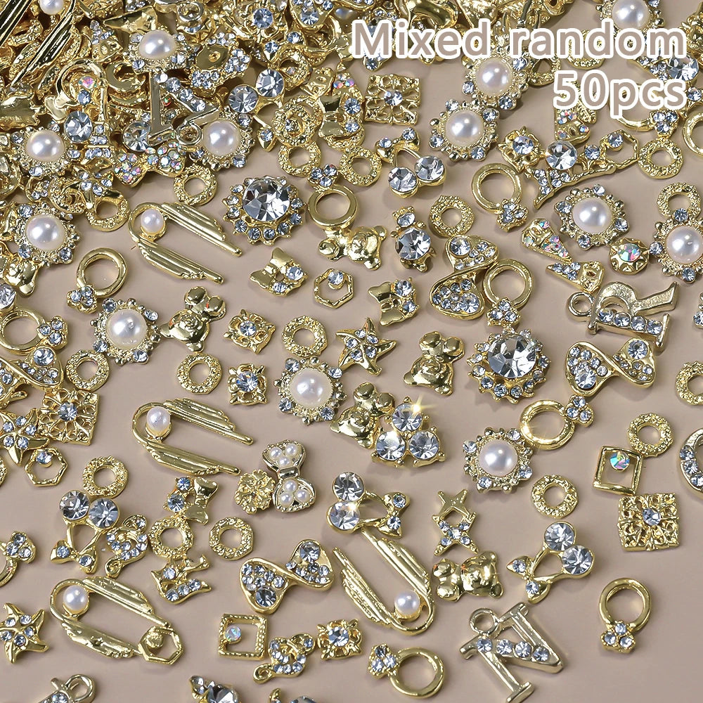 50Pcs 3D Mixed Random Luxury Nail Charms Metal Gold/Silver Butterfly/Bowknot Nail Art Decoration With Crystal Manicure Jewelry