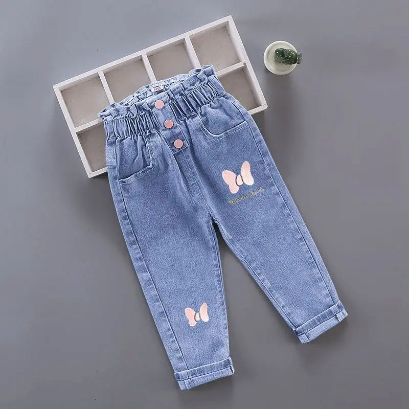 Korean version Children's Jeans 2026 Spring Autumn Season New Girls' High Waist Elastic Love Cat Printed Jeans Infant Pants
