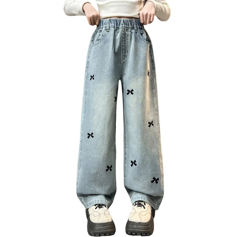 2026 Spring Child Casual Jeans with Bow Embroidery for Girl Fashion High Street Denim Pants Kids High-waisted Jeans Trousers
