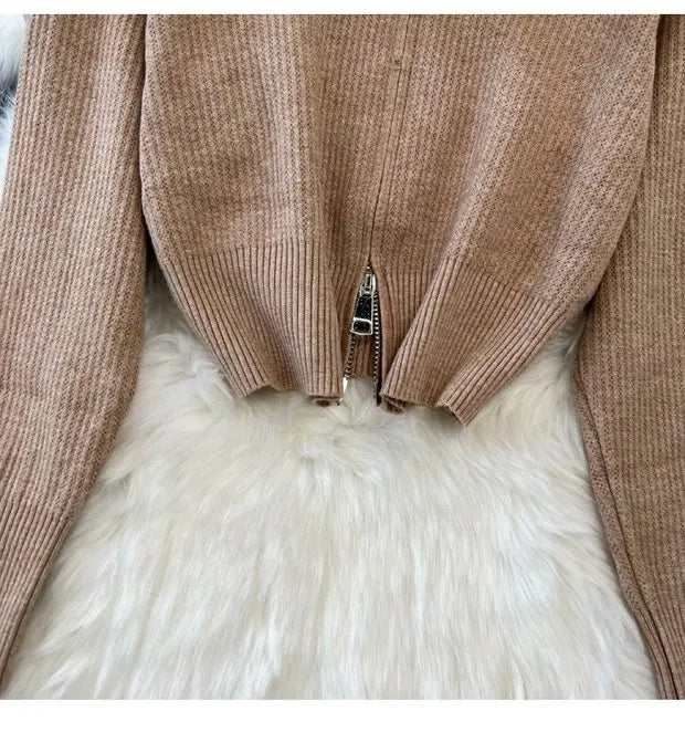 Zipper Hooded Slim Fit Knitted Sweatshirt Set