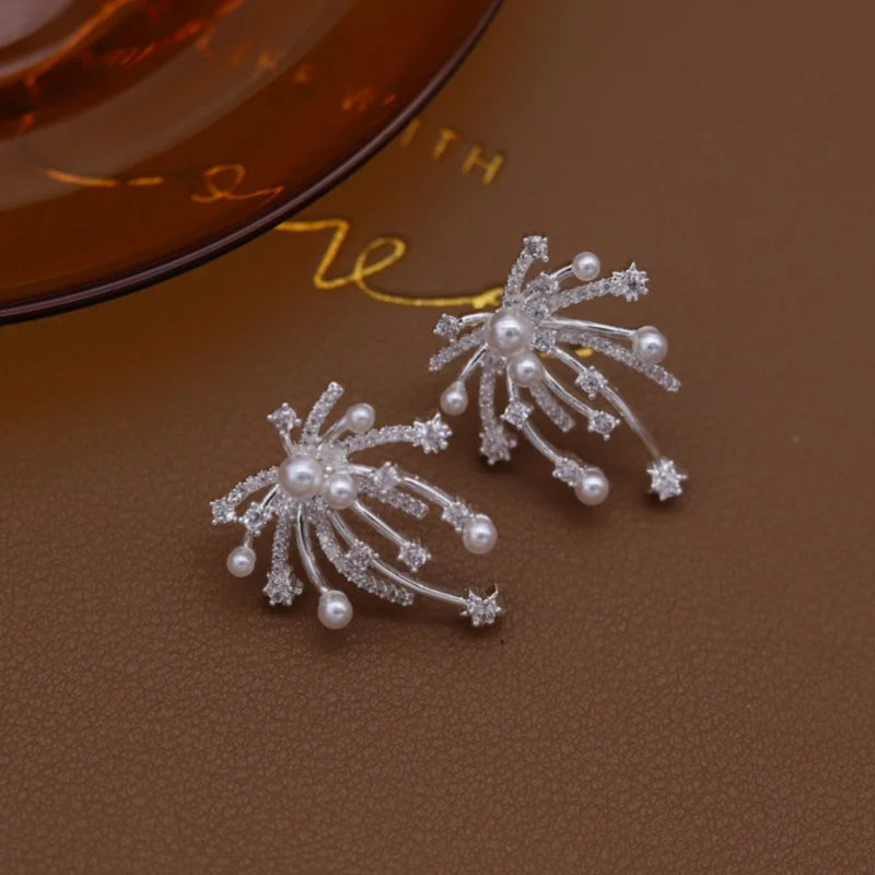 14K Gold Plated Zircon Pearl Firework Earrings