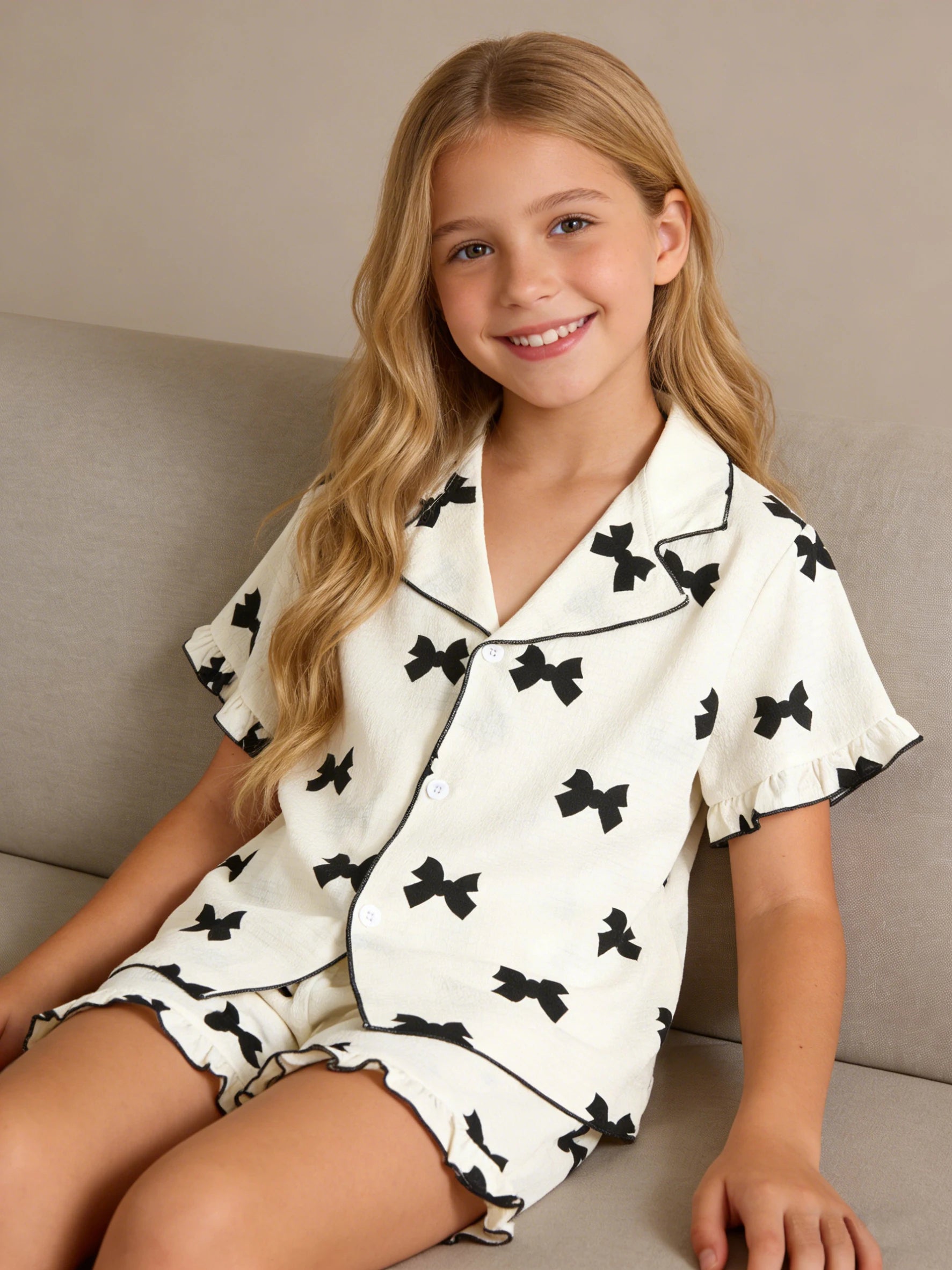 Little girl's summer home clothes, girls bow-tie cardigan button short-sleeved top shorts, suitable for casual wear at home